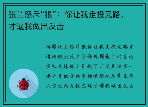 张兰怒斥“狠”:你让我走投无路,才逼我做出反击